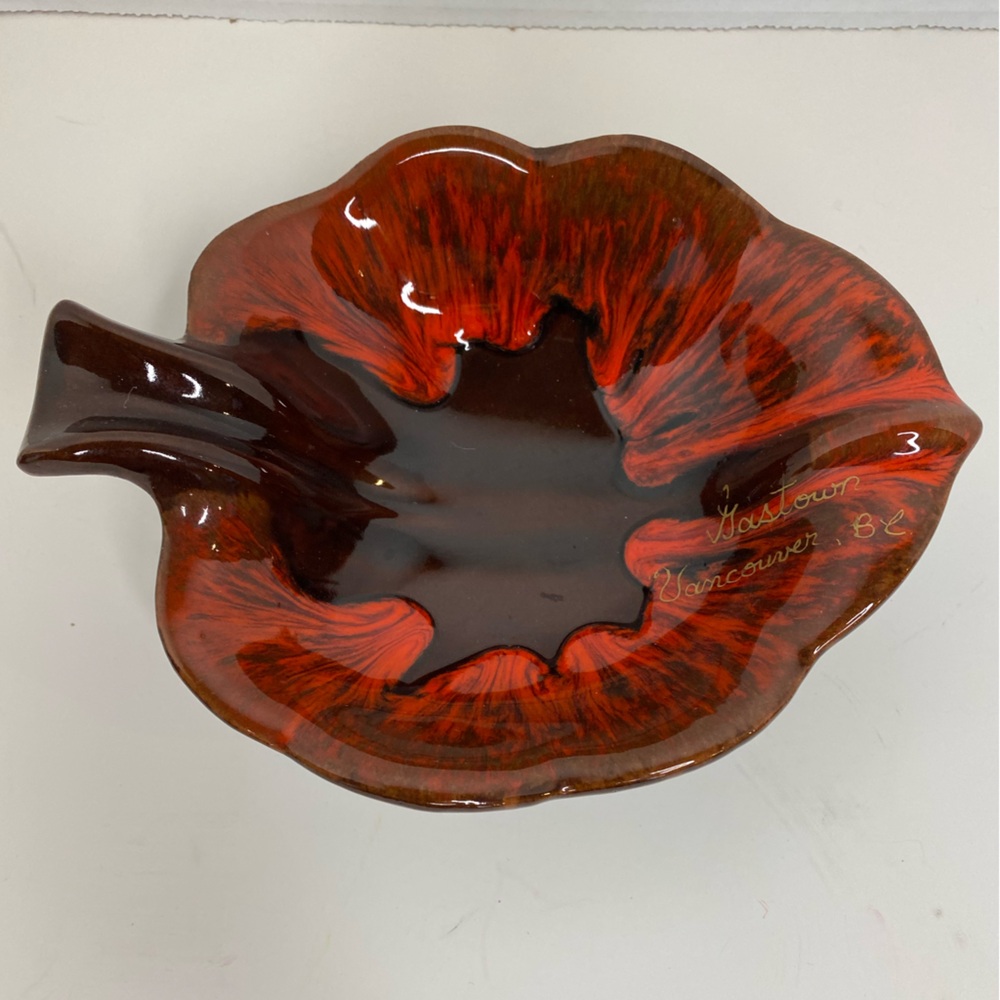McMaster Pottery Canada Studio Art Ceramic Red/Burgundy Leaf Shaped Dish